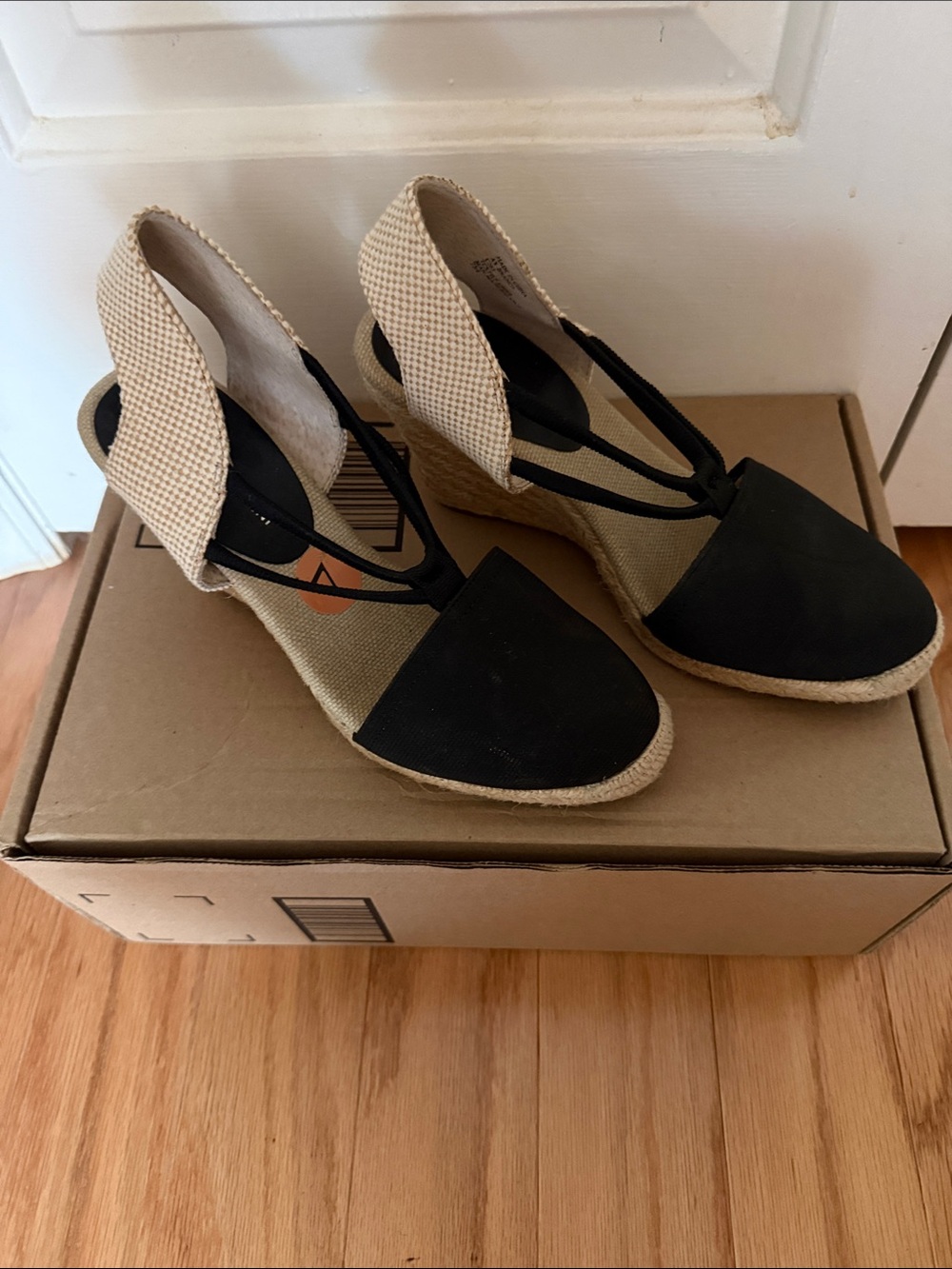 Adrienne Vittadini Black and Beige Espadrille Wedge Sandals